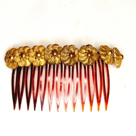 Hair | Vintage Celluloid Hair Comb With Brass Floral Flower 